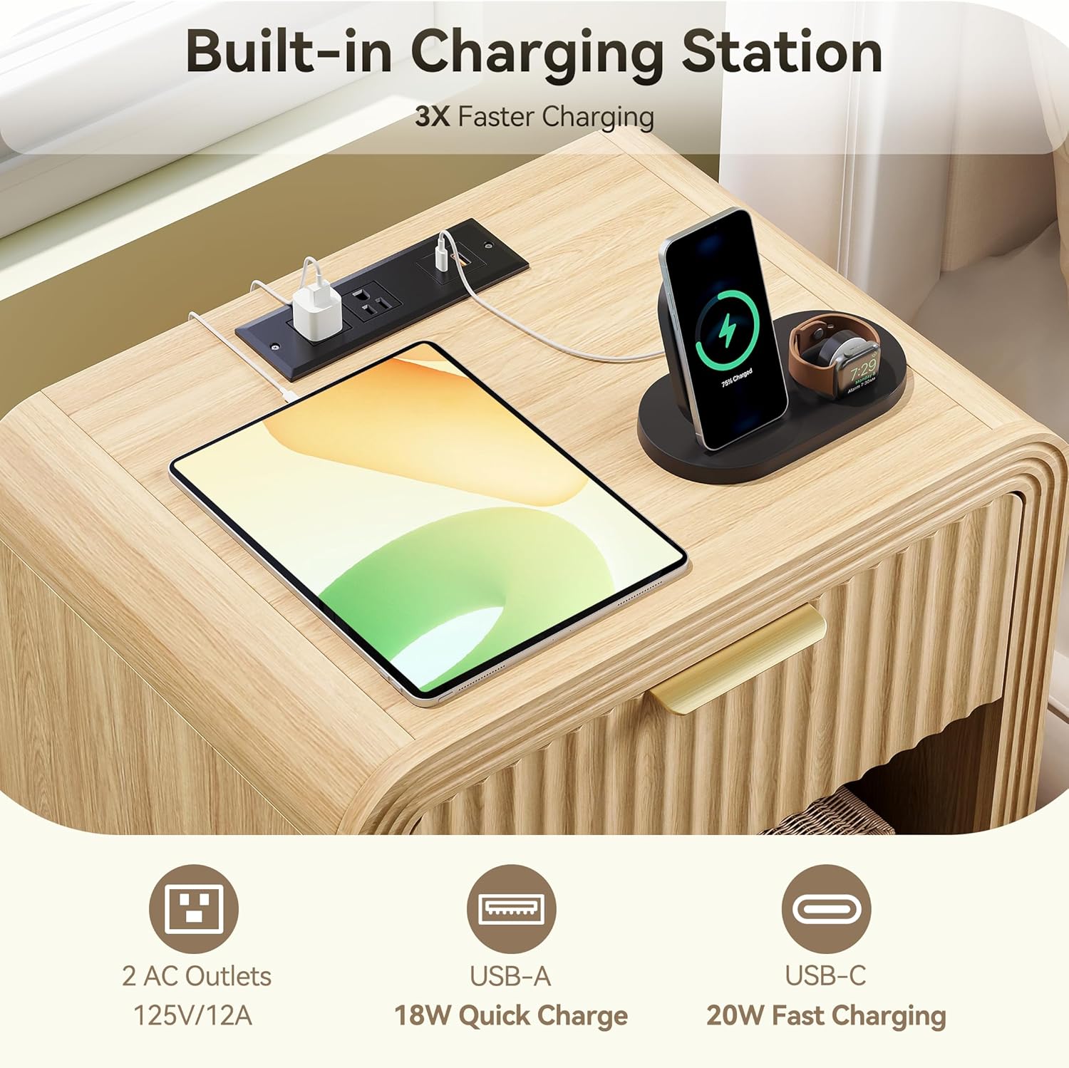 Decofy Fluted 1-Drawer Nightstand with Charging Station, Oak | Open Shelf, Gold Handles, Curved Profile, USB and Type C Ports, Wood Bedside Table for Bedroom Storage