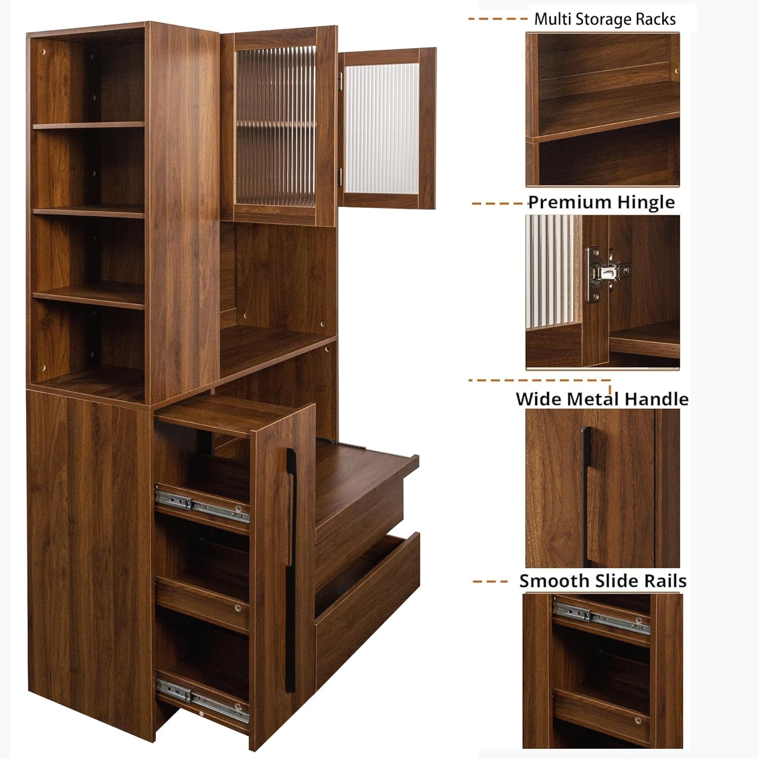 Farmhouse Kitchen Pantry Cabinet, 70.87" Tall Freestanding Cupboard with Multi-Tier Storage Rack and Microwave Stand for Kitchen, Dining Room, Walnut