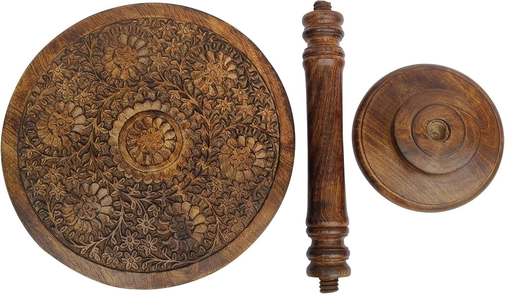 TUP THE URBAN PORT Ari 22 Inch Side End Table, Round Top, Hand Carved Indian Mandala Boho Accent, Brown Mango Wood