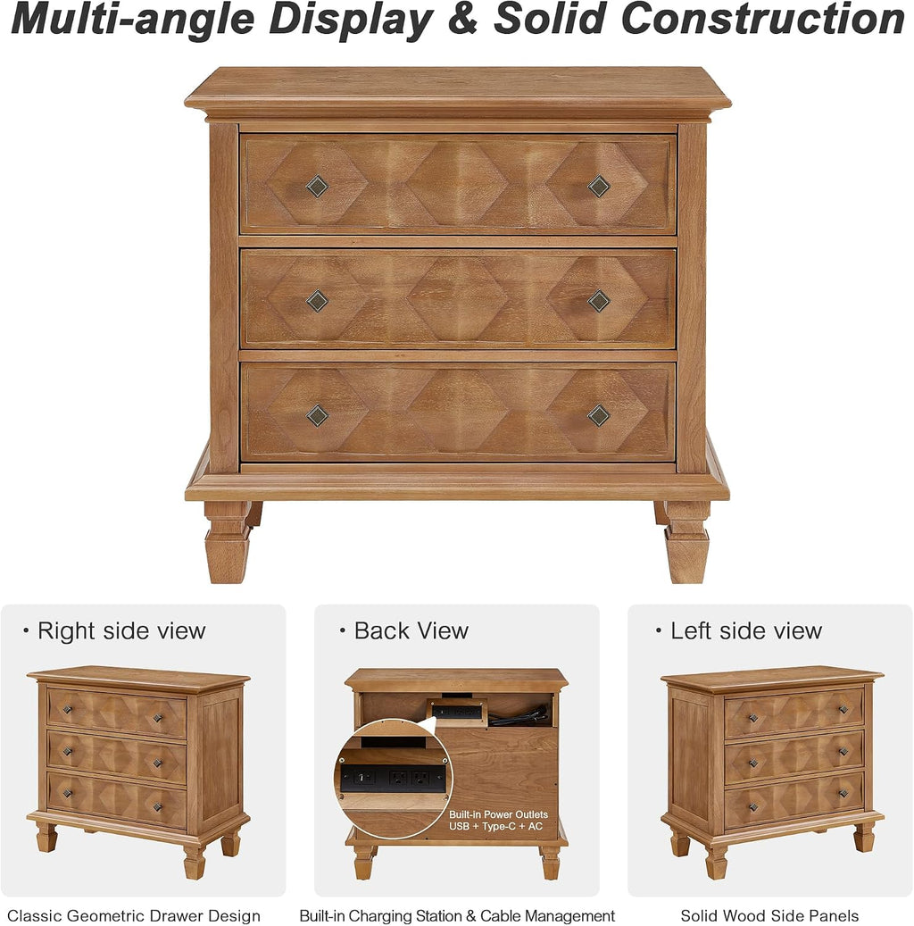 Traditional Geometric Textured Nightstand, 3 Drawer Solid Wood Bedside Table with Carved Front Panels, Rustic End Table for Bedroom Living Room, Apricot