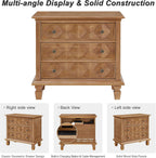 Traditional Geometric Textured Nightstand, 3 Drawer Solid Wood Bedside Table with Carved Front Panels, Rustic End Table for Bedroom Living Room, Apricot
