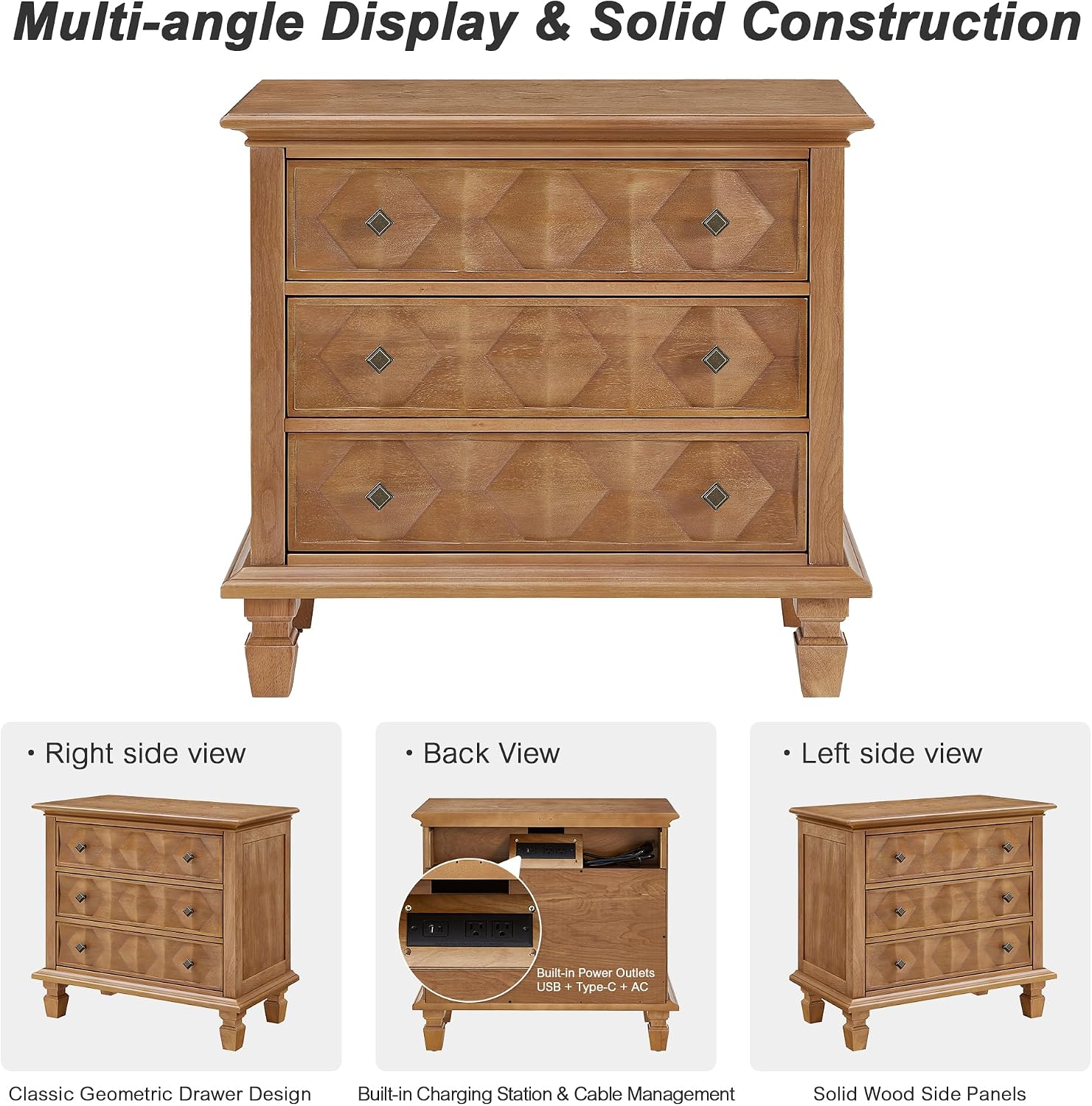 Traditional Geometric Textured Nightstand, 3 Drawer Solid Wood Bedside Table with Carved Front Panels, Rustic End Table for Bedroom Living Room, Apricot