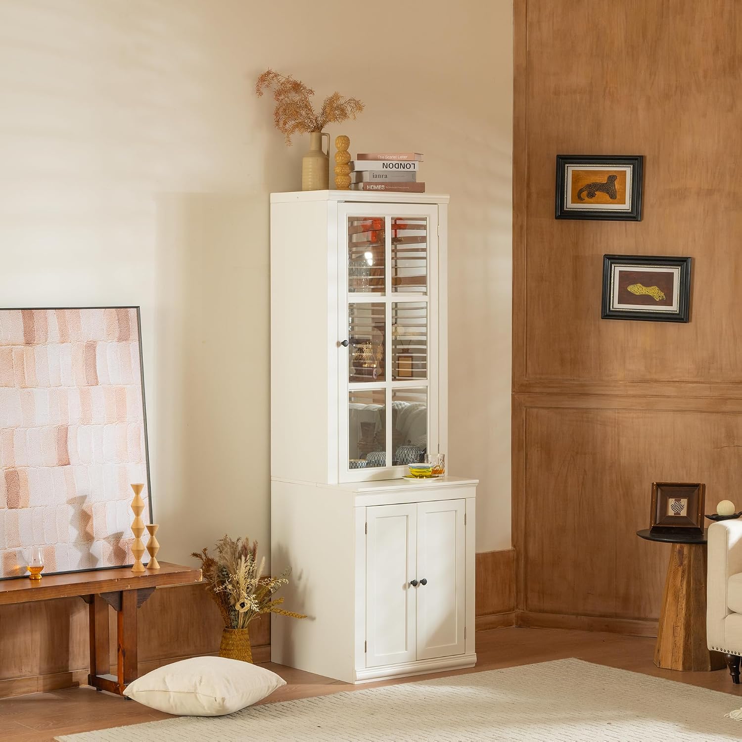 roomfitters 75.25'' Tall Pantry Cabinet with Glass Door, Farmhouse Hutch Display Cabinet with Storage for Kitchen, White