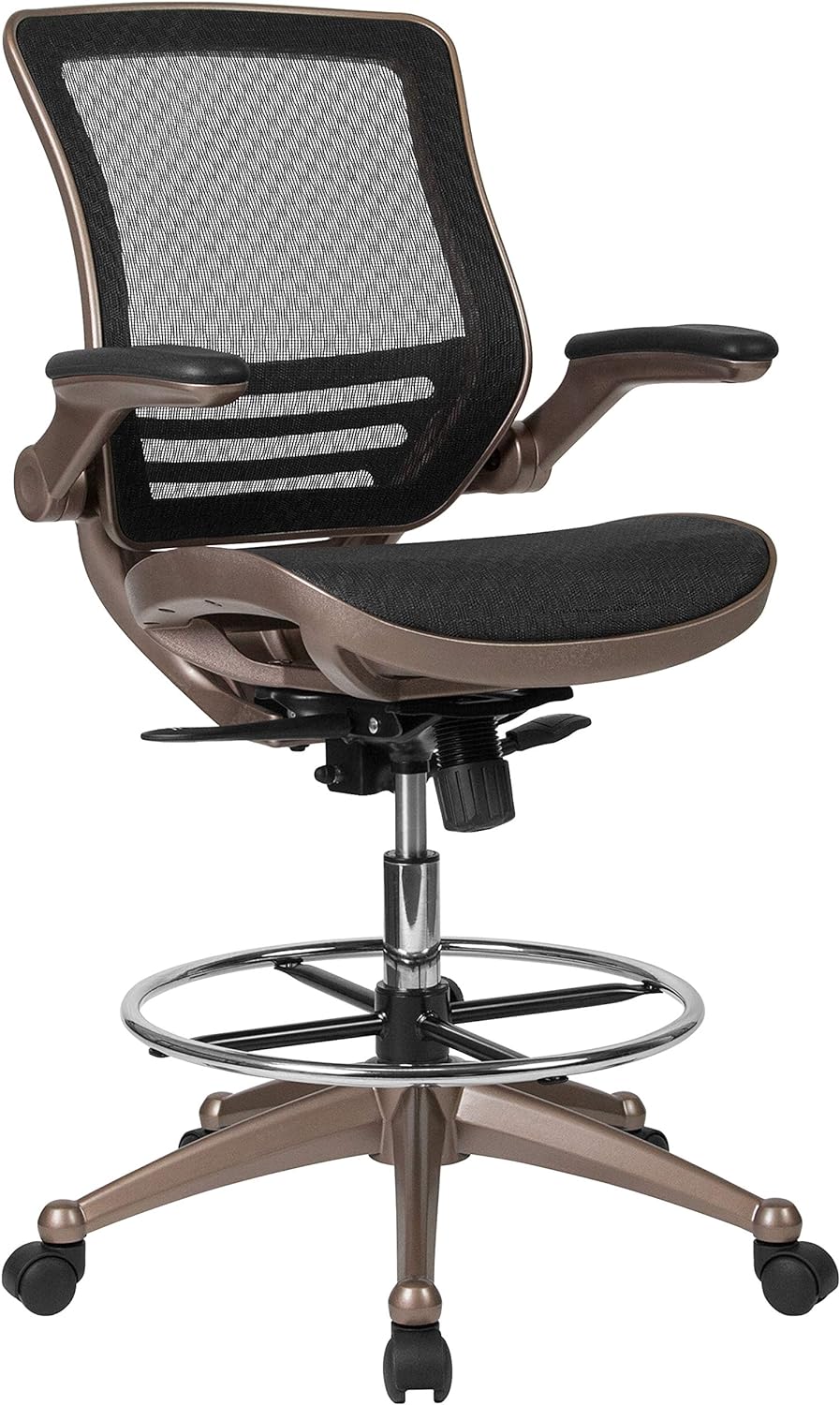 EMMA + OLIVER Mid-Back Transparent Black Mesh Drafting Chair with Gold Frame and Flip-Up Arms