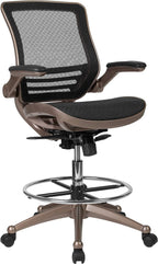 EMMA + OLIVER Mid-Back Transparent Black Mesh Drafting Chair with Gold Frame and Flip-Up Arms