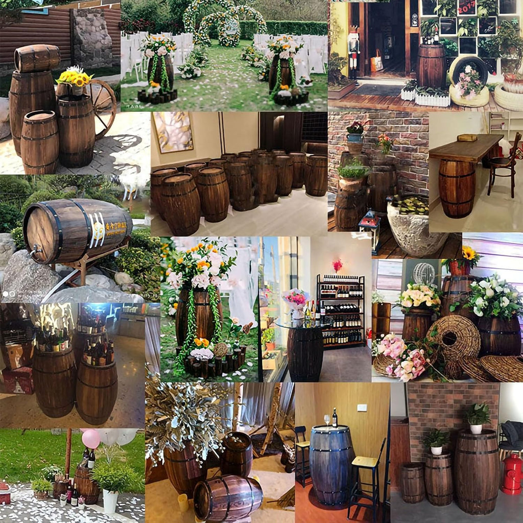Rustic Whiskey Wine Barrel Side Table with Metal Bands, Solid Wood Barrel Accent Table for Home, Garden, Bar, Patio, Wedding & Event Decor(40cm/15.7in)