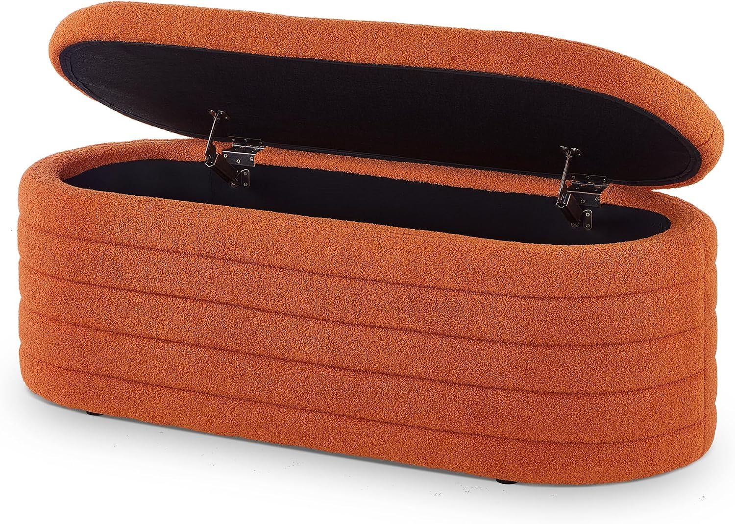 extrasleep Modern 43" Oval Storage Ottoman Bench with Safety Hinge, Upholstered Teddy Fabric End of Bed Bench with Hidden Storage, Comfy Foot Rest for Bedroom Living Room, Entryway Bench, Orange
