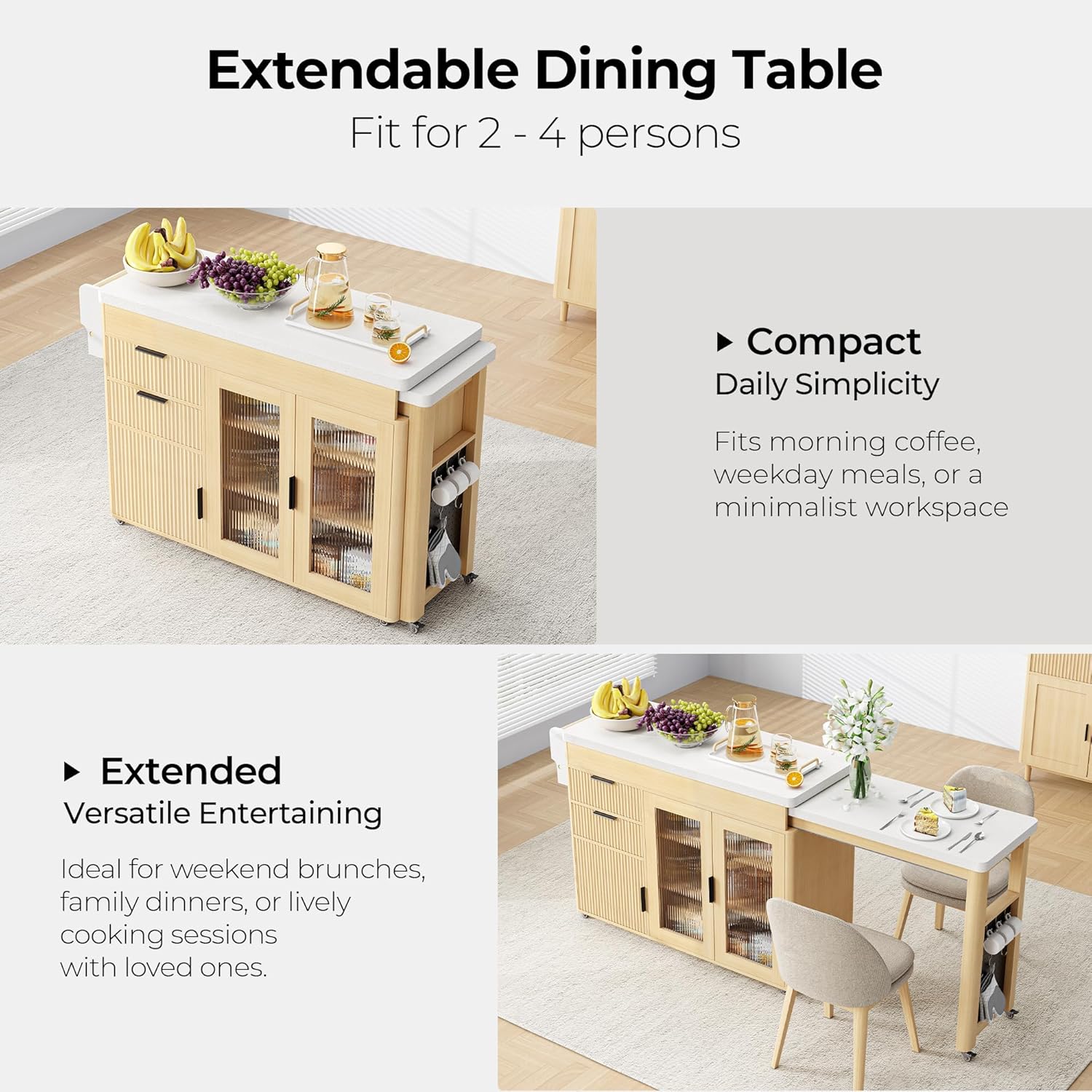 IRONCK 78.7" Kitchen Island with Extendable Dining Table, Rolling Kitchen Cart on Wheels with Quartz Laminate Top, Storage Cabinet, Spice Rack, Shelf & Drawer for Dining Room (Oak)
