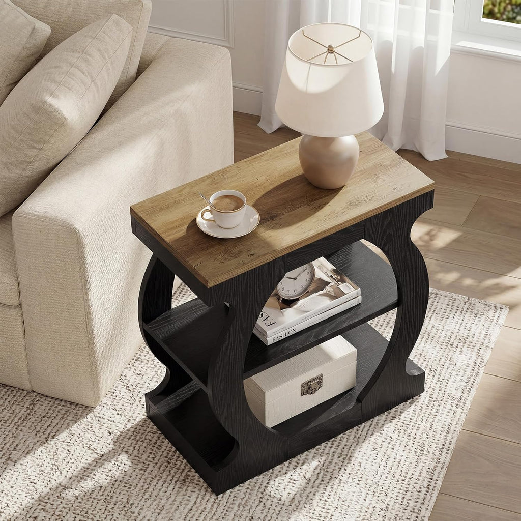 Tribesigns End Table with 3-Tier Storage, Narrow Side Table with Curved Frame, Wooden Nightstand for Living Room, Small Spaces, Bedroom, Rustic Brown & Black