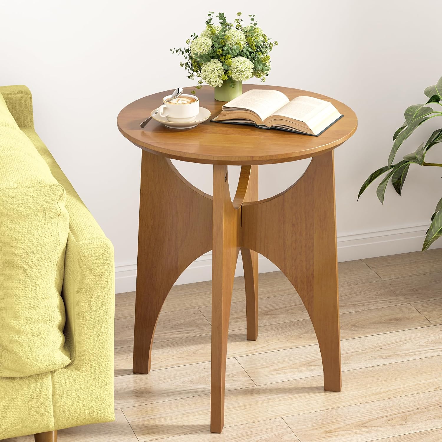 Round Side Table Living Room, Solid Wood End Table, Mid Century Modern Small Coffee Side Tables for Small Spaces, Farmhouse Accent Tables, Round Nightstand for Living Room, Bedroom Office, Walnut