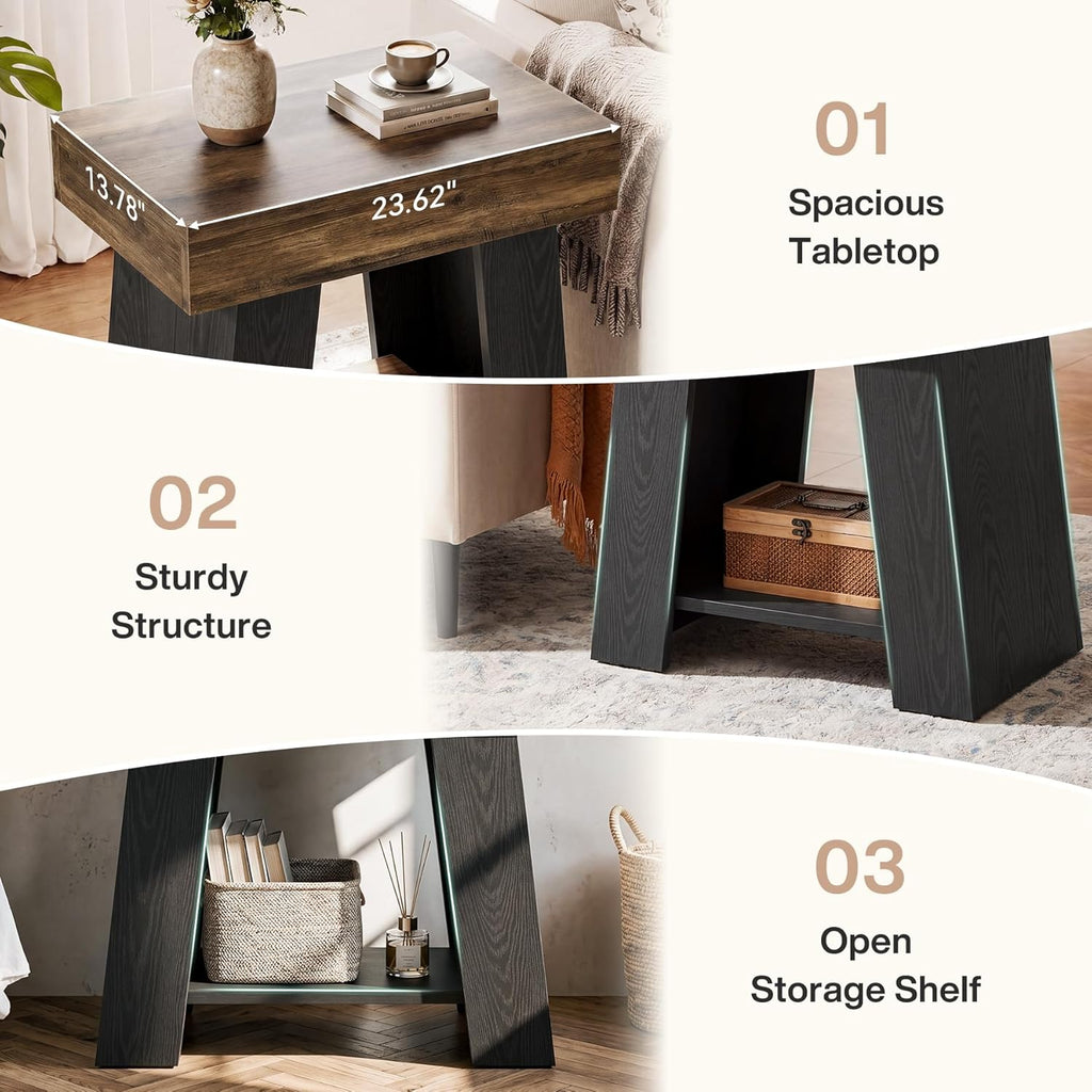 Tribesigns Wooden End Table, 2-Tier Farmhouse Nightstand Sofa Side Table with Storage Shelf, Two-Tone Side Table for Couch, Heavy-Duty Bedside Table for Bedroom, Living Room, Rustic Brown & Black