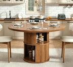 47 inch Round Dining Table for 4, Farmhouse Kitchen Dining Table with 2-Layer Storage Shelf and Fluted Panel, Modern Wooden Dining Room Table for Home, Kitchen, Living Room (Walnut)