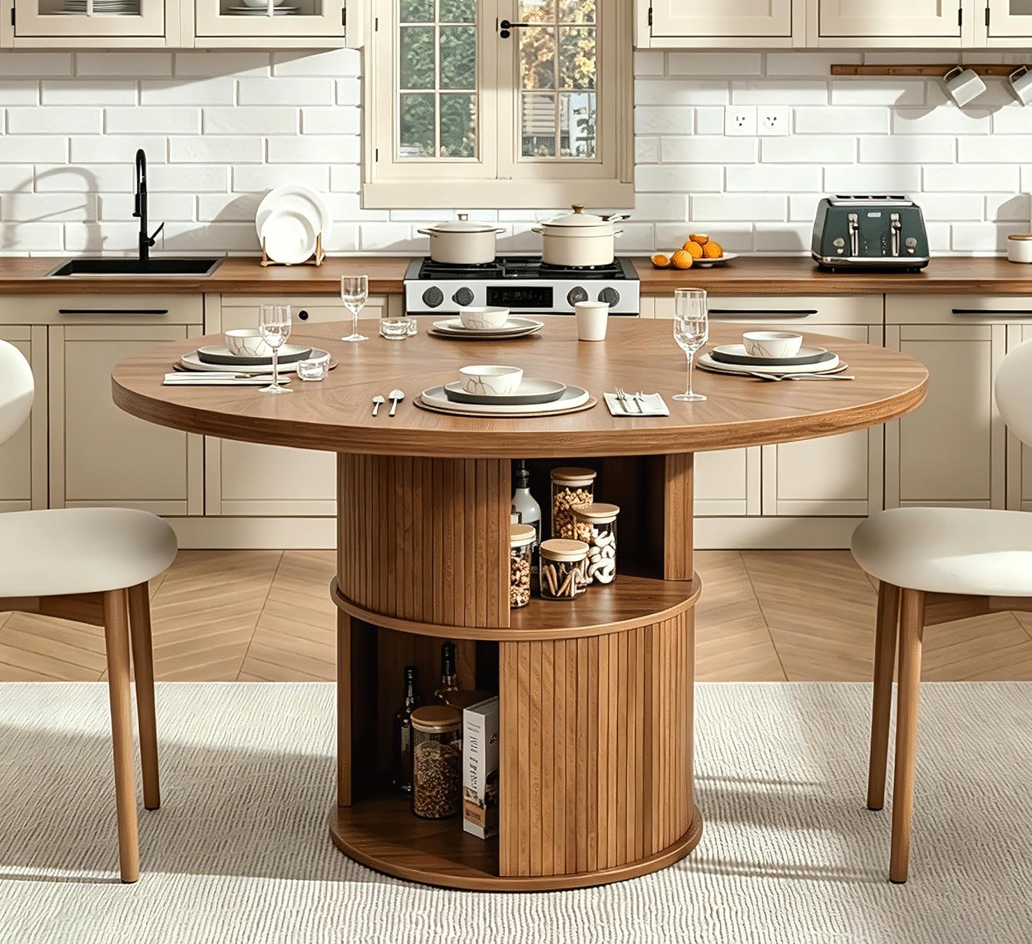 47 inch Round Dining Table for 4, Farmhouse Kitchen Dining Table with 2-Layer Storage Shelf and Fluted Panel, Modern Wooden Dining Room Table for Home, Kitchen, Living Room (Walnut)