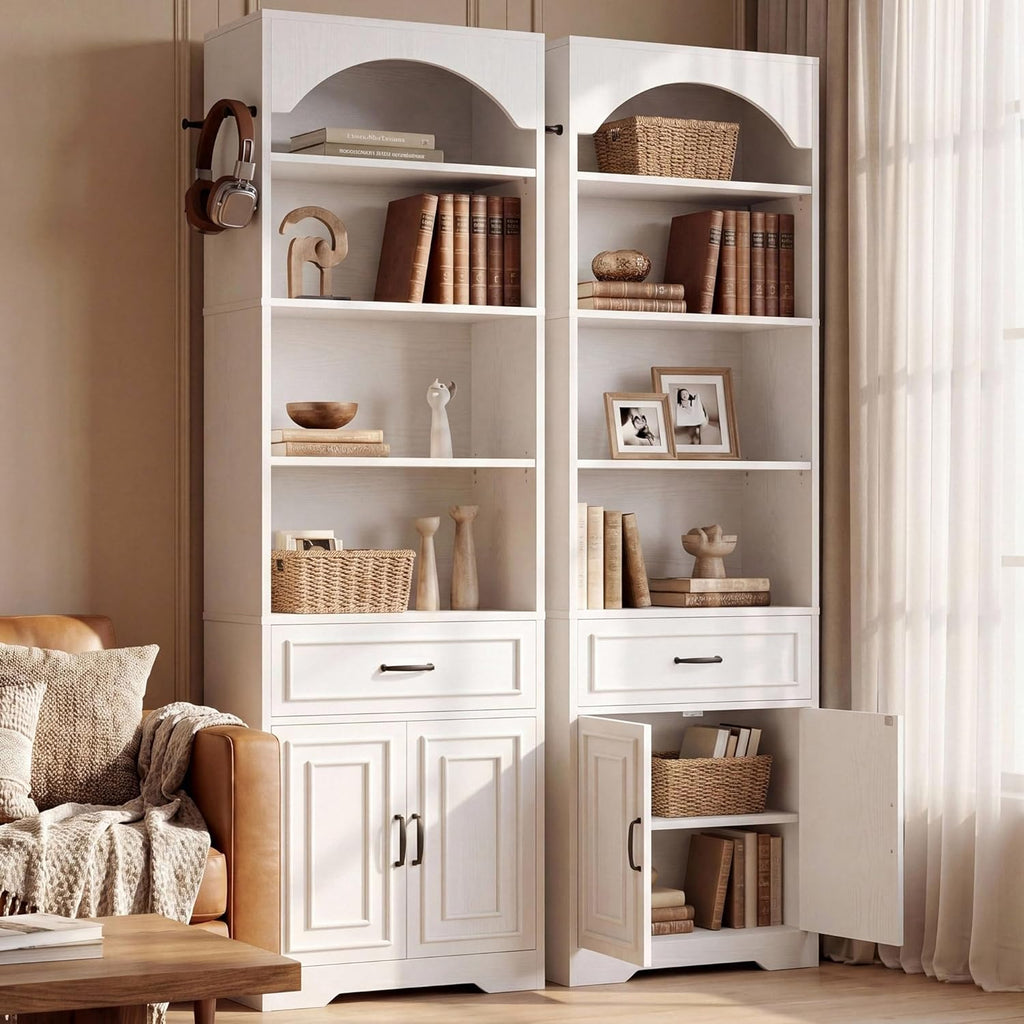 IRONCK Bookshelf, 83" Extra Tall Bookcase with Storage Cabinet and Drawer, 7 Tiers Display Storage Shelves with Side Hooks for Living Room, Home Office