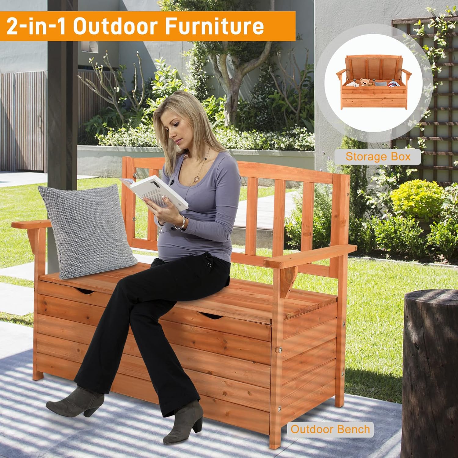 44Inch Yard Storage Bench with Backrest & Armrest, Outdoor Patio Seat Box, Outdoor Storage Bench Cedar Yard Box Patio Seating Garden Furniture,Garden Seating | Yard Storage Benchs - Bright Orange Red