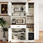 71" Kitchen Pantry Cabinet with Charging Station & LED Light,Freestanding Buffet Storage Cabinets with Adjustable Shelves,Farmhouse Kitchen Hutch with Microwave Stand for Dining Room (White+Brown)