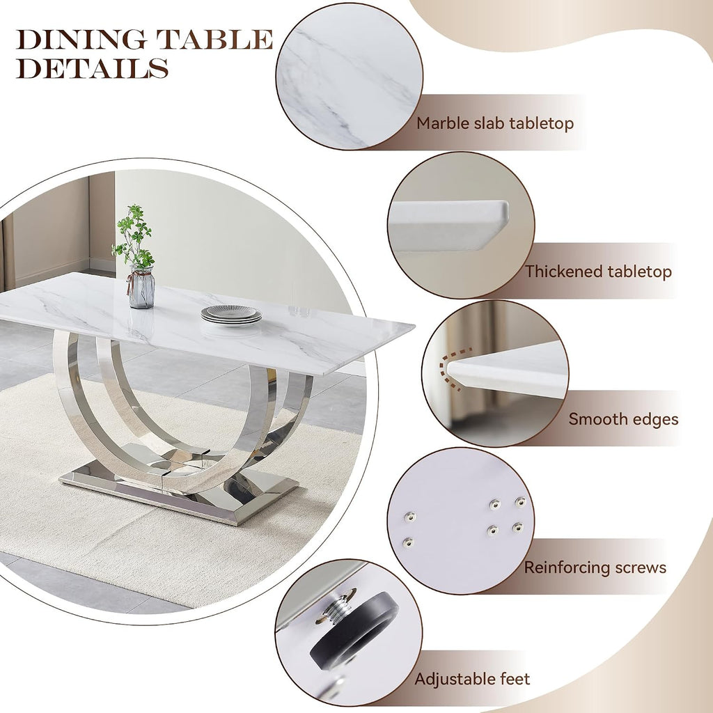 SSLine Modern White Marble Dining Table for 6,Luxury 69" Faux Marble Kitchen Table for 4 6 8, Rectangle Dining Room Table with Silver Stainless Steel U-Shape Base(1 Table Only)