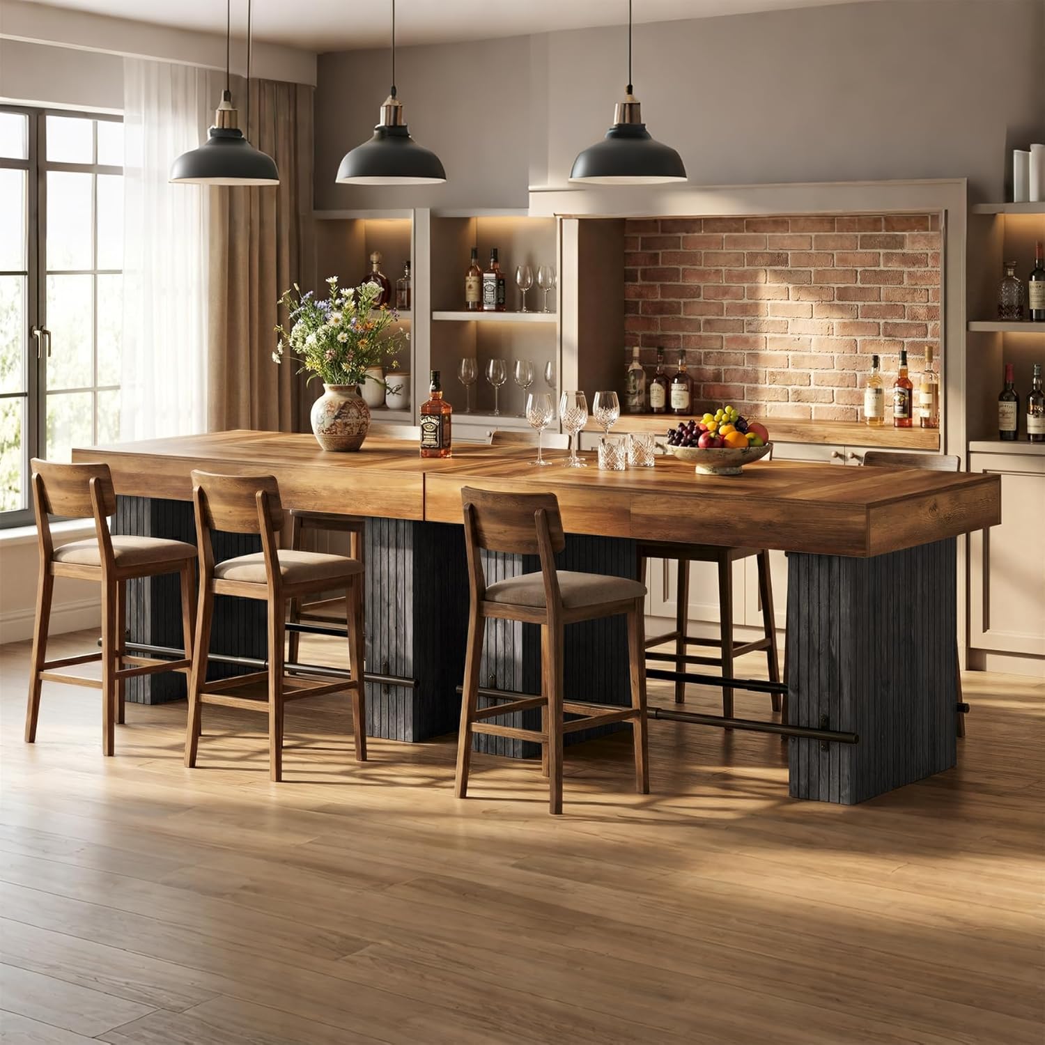 Tribesigns 63-Inch Counter Height Bar Table, Long Bar Table with Metal Footrest, Home Bistro Unit for Kitchen, Dining Room & Living Room, Rustic Brown and Black
