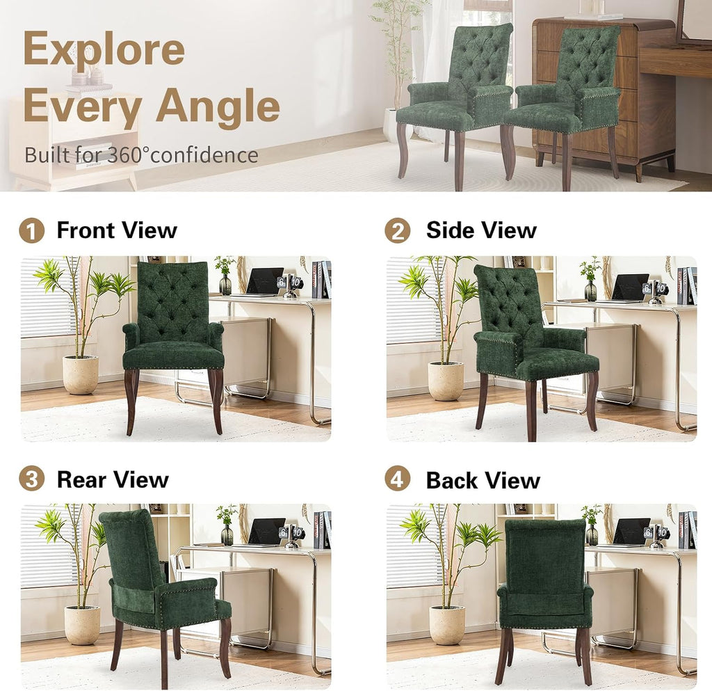 cinkehome Set of 4 Upholstered Dining Chairs, Dining Room Kitchen Chair with Armrest and Solid Wood Leg, Mid Century Modern Side Chairs (Olive Green, Chenille)