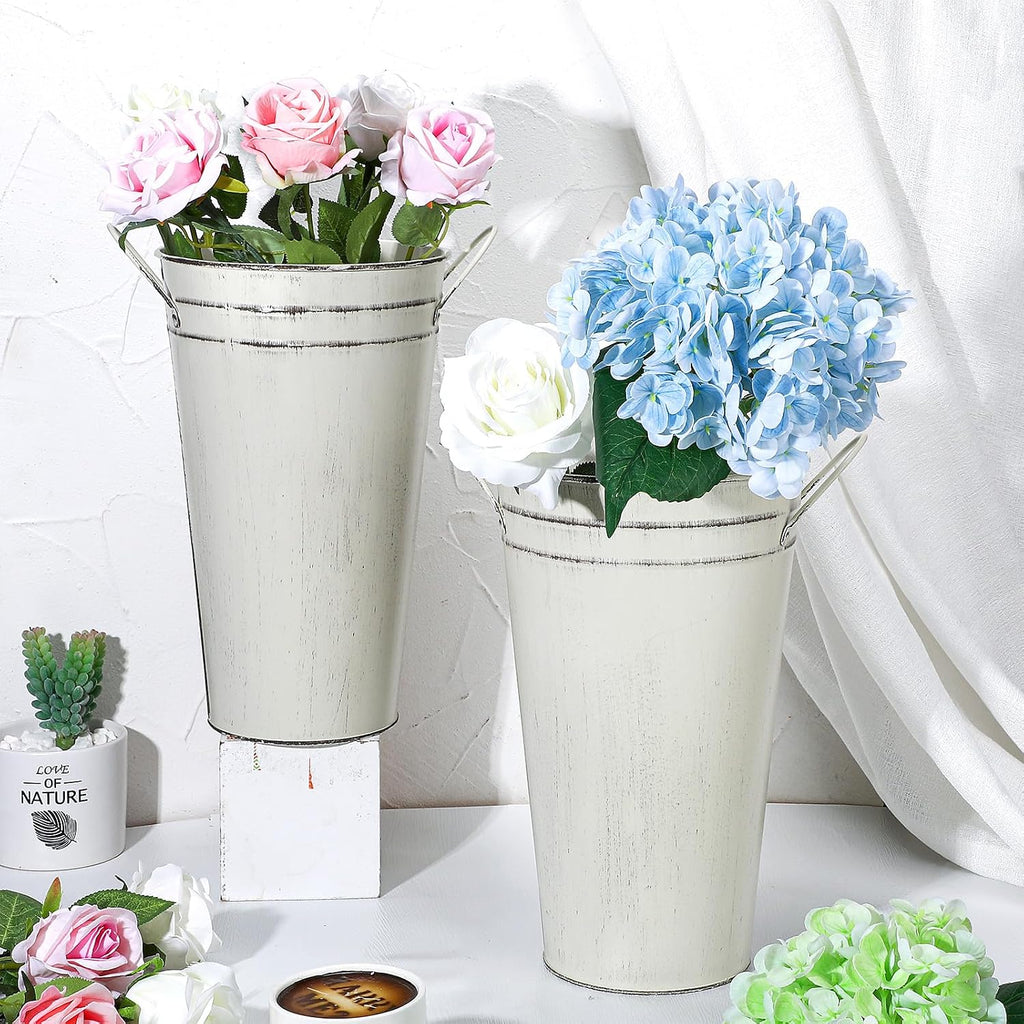 Irenare 12 Inch Vintage Galvanized Flower Bucket Metal Flower Vase Farmhouse French Bucket Planter Metal Floral Container for Party Table Centerpiece Weddings Home(White,6 Pcs)