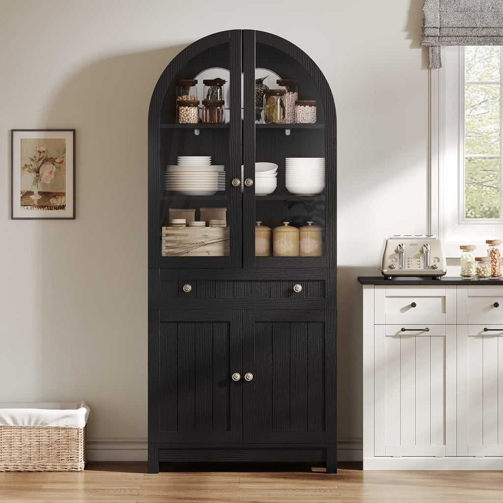 YITAHOME Arched Cabinet, 71" Tall Kitchen Pantry Storage Cabinet with Glass Door, Adjustable Shelves and Drawer, Farmhouse Wood Versatile Cupboard for Living Dining Room, Black