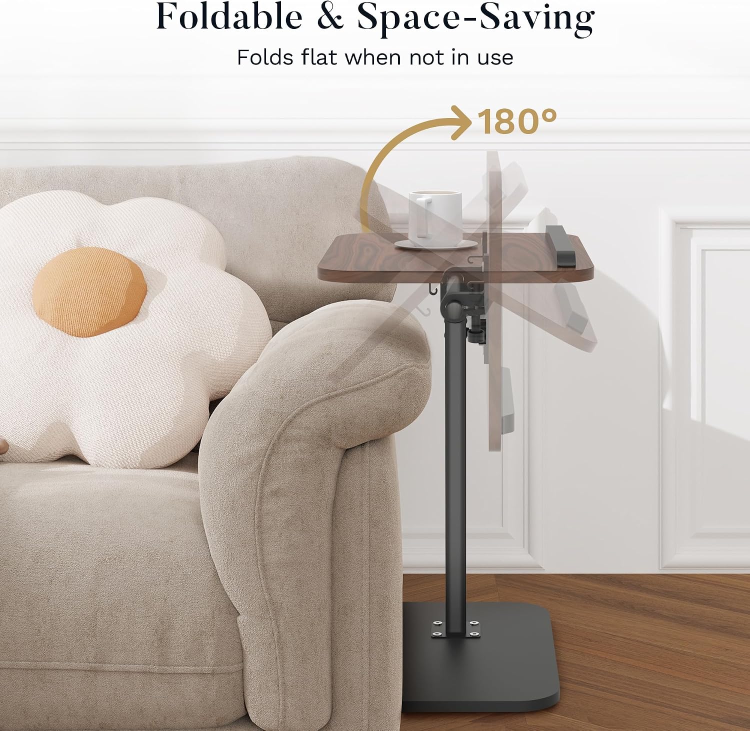 ENNVA Side Table for Couch, Adjustable Height C Shaped End Table, Narrow Sofa Side Table for Living Room & Bedside, Brown Wooden Top with Black Metal Base