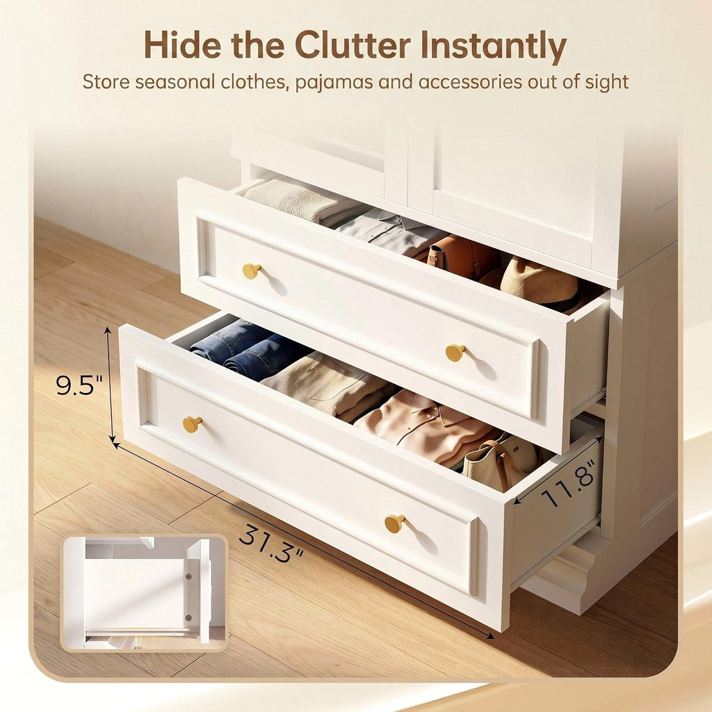 LIKIMIO Armoire Wardrobe Closet with Full Length Mirror, 3 Open Shelves | 71" Freestanding Bedroom Armoire with 2 Drawers, 3 Side Hooks & Hanging Rod, Clothing Storage Cabinet for Bedroom, White
