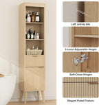 70" H Tall Storage Cabinet, Fluted Freestanding Floor Organizer for Bathroom, Kitchen Pantry, Utility Room, w/Drawer & Adjustable Shelves, Modern Accent in Natural Wood