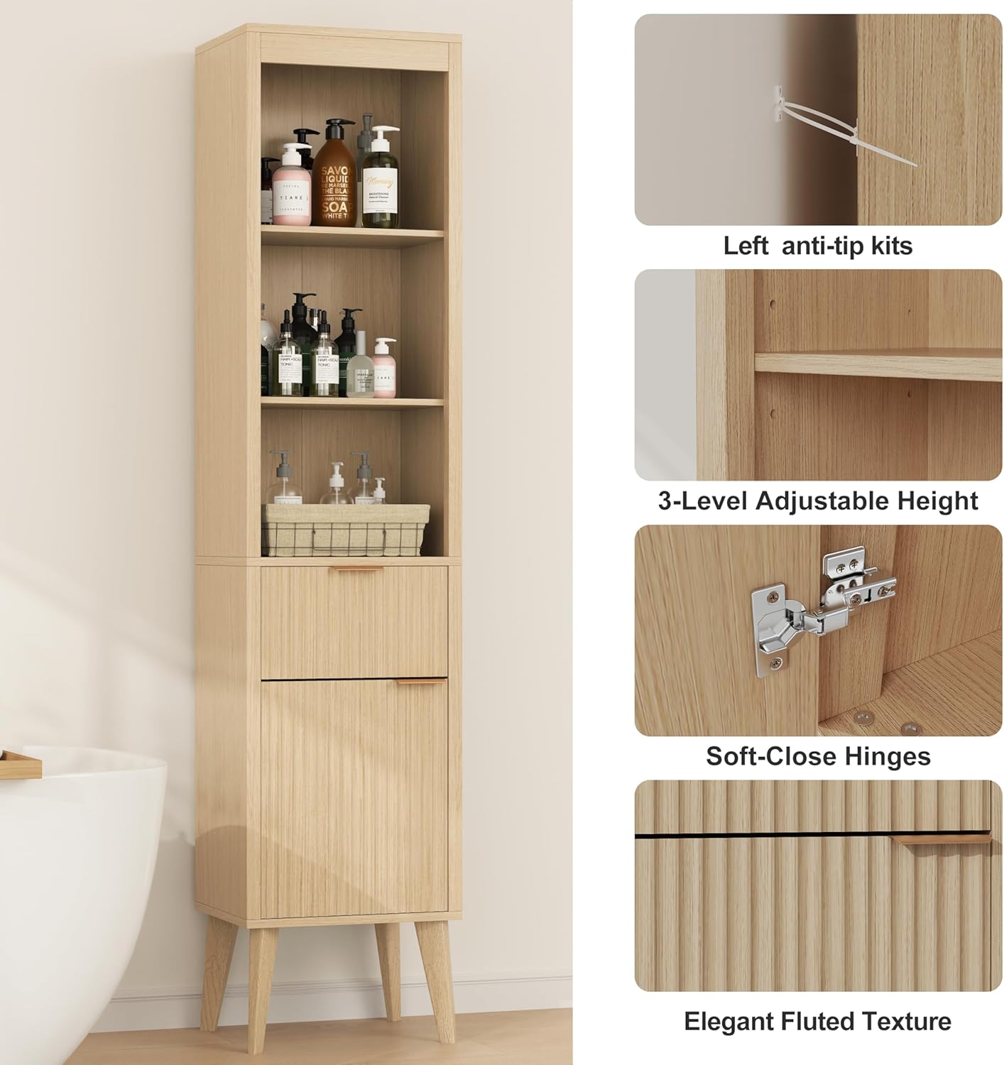 70" H Tall Storage Cabinet, Fluted Freestanding Floor Organizer for Bathroom, Kitchen Pantry, Utility Room, w/Drawer & Adjustable Shelves, Modern Accent in Natural Wood