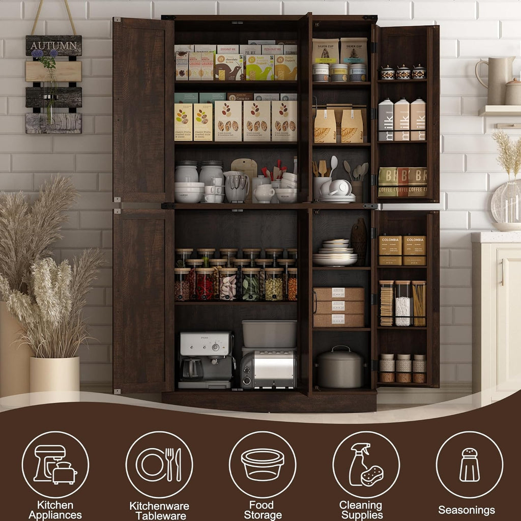Hlivelood 71" Tall Kitchen Pantry,Farmhouse Storage Cabinet with Barn Doors,Organizer,Rustic Wood Cupboard,Farmhouse Pantry Cabinet for Kitchen,Dining Room,Living Room(Brown)