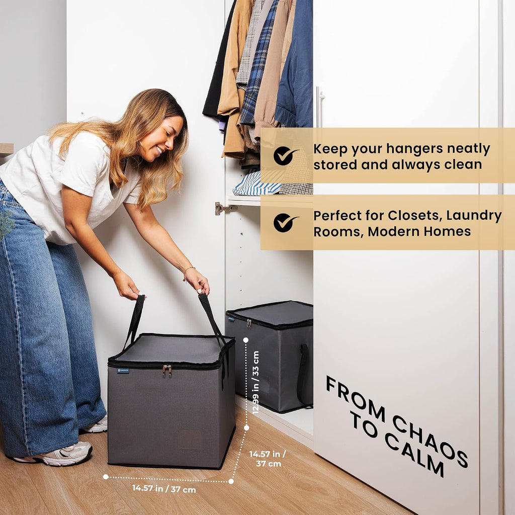 Hanger Storage Organizer Bags 2 Pack for 100+ Velvet Hangers with Dustproof Containers and 4 Bonus Hangers – Large Closet Organizer to Keep Clothes Clean and Tidy (Grey)
