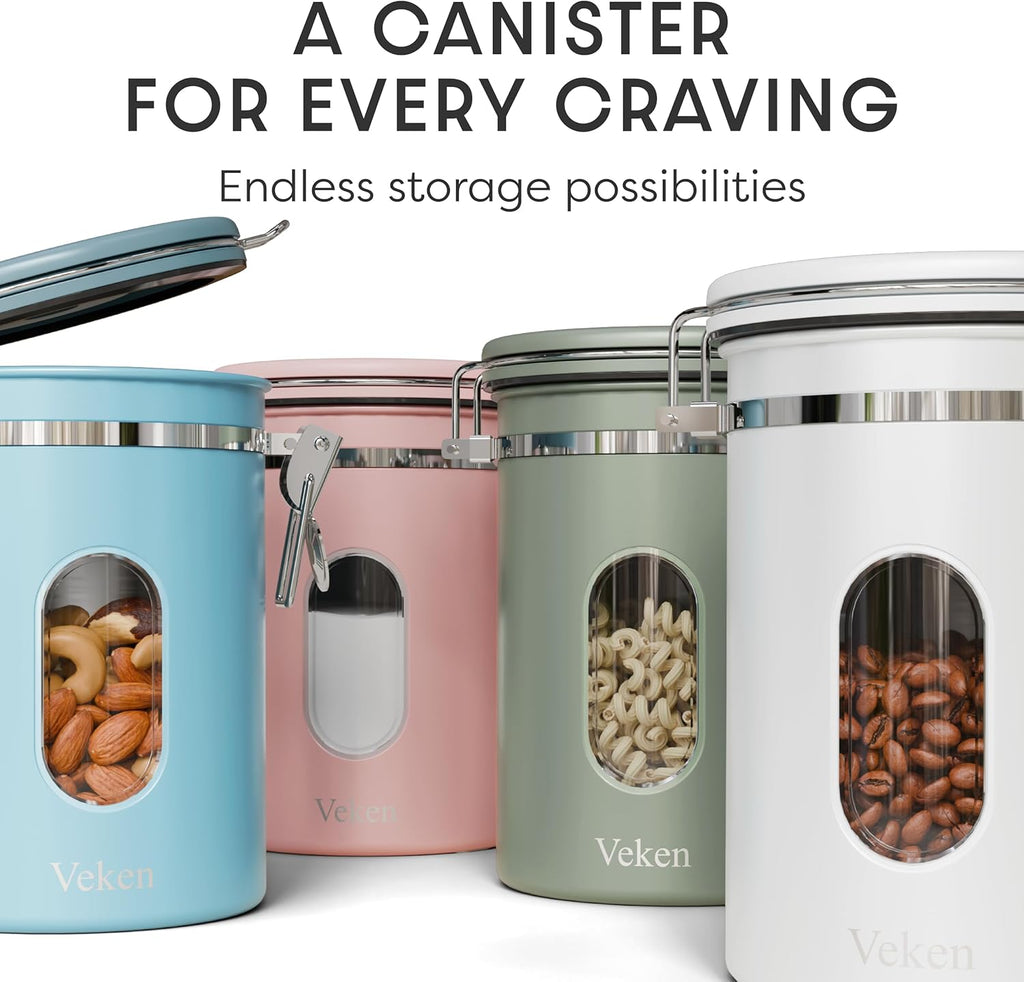Veken Coffee Canister with Window, Airtight Stainless Steel Kitchen Food Storage Container with Lids, Date Tracker and Scoop for Ground, Beans, Tea, Flour, Cereal, Sugar Jars, 22OZ, Green