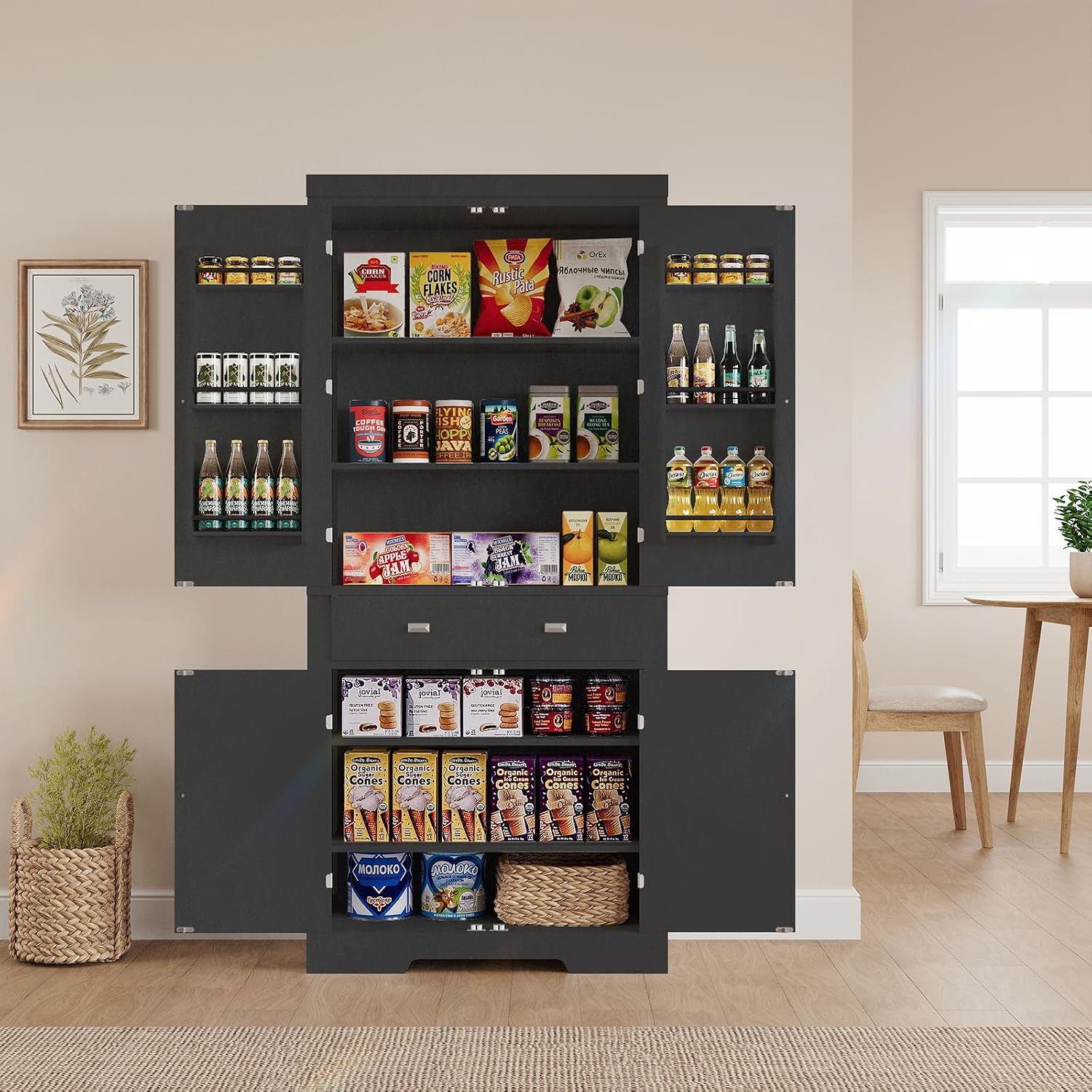 Kitchen Pantry Storage Cabinet, 72 Inches Freestanding Food Pantry Cabinet with Drawer, Modern Wood Cupboard with 6 Door Shelves and 4 Adjustable Shelves for Ding Room, White