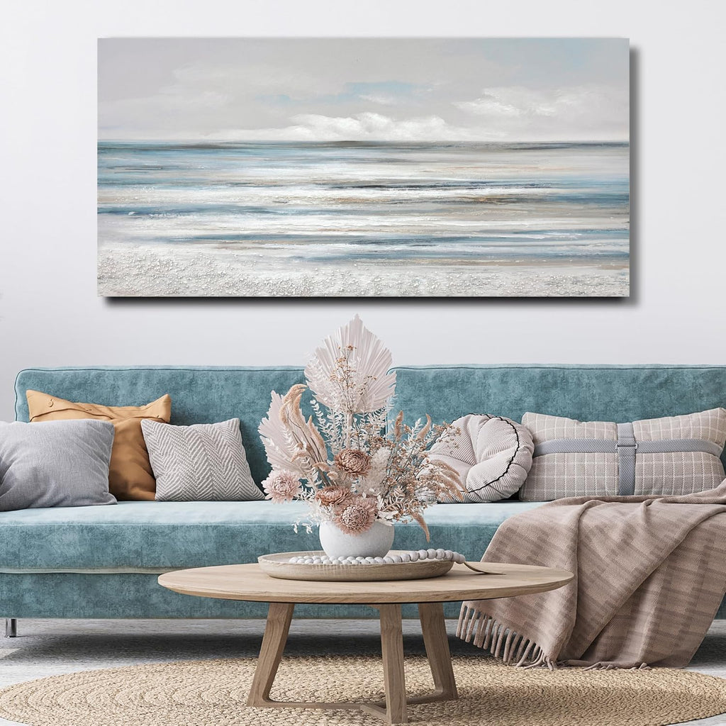TRAIN2 ART Abstract Wall Art Modern Coastal Wall Decor Textured Blue and White Sea Background Canvas Wall Art for Living Room Bedroom Kitchen Office 28"x57"