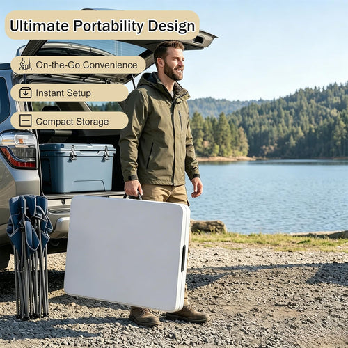 1 Set 6 FT Rectangle Folding Table with Carrying Handle, Lightweight Fold-in-Half Utility Table, with Matching White Stretch Spandex Covers, Ideal for Weddings, Parties, Camping, Banquets.