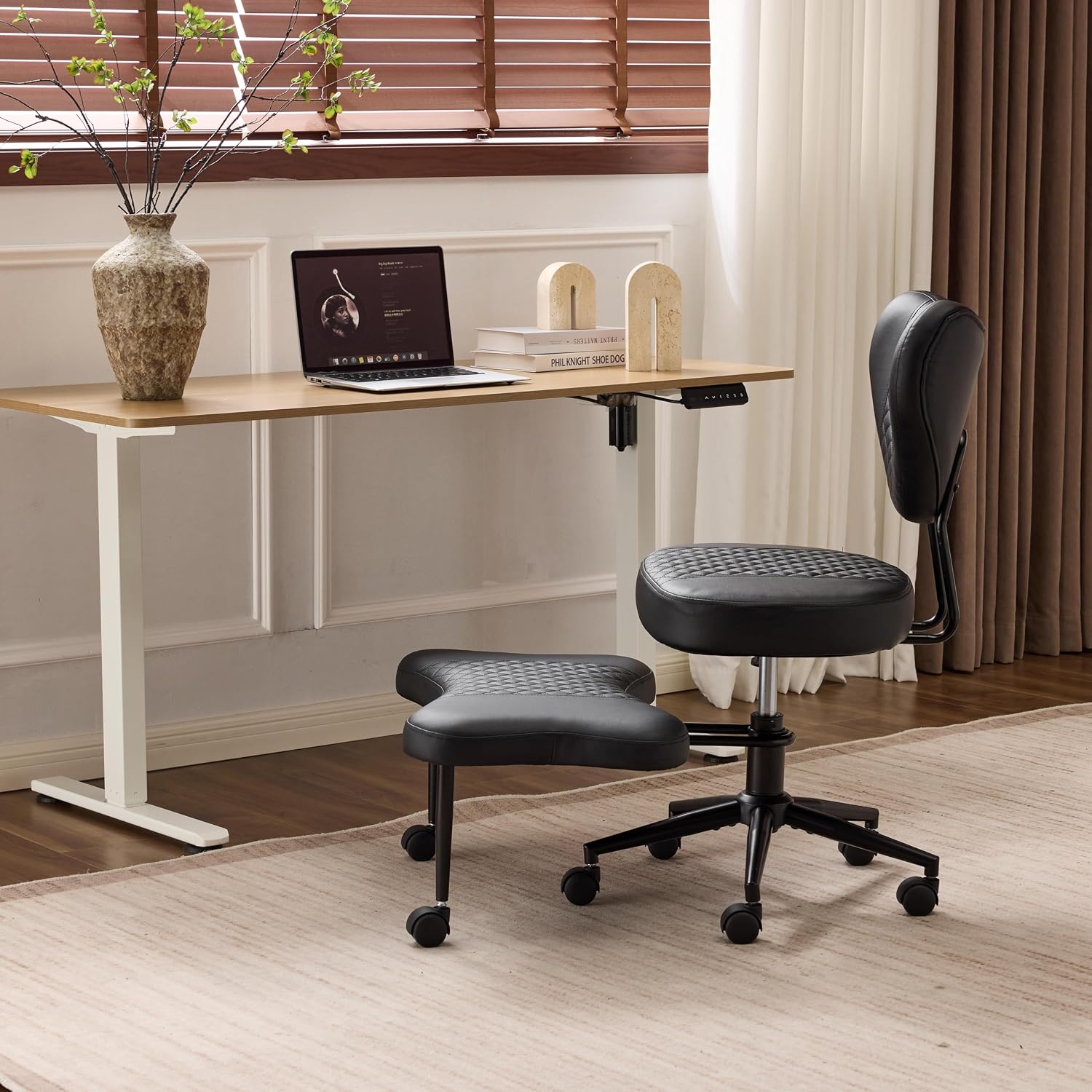 Ergonomic Meditation Chair with Lumbar Support, 360° Swivel Base and Adjustable Seat Cushion, Black PU Leather for Yoga Office, 300 lb Capacity