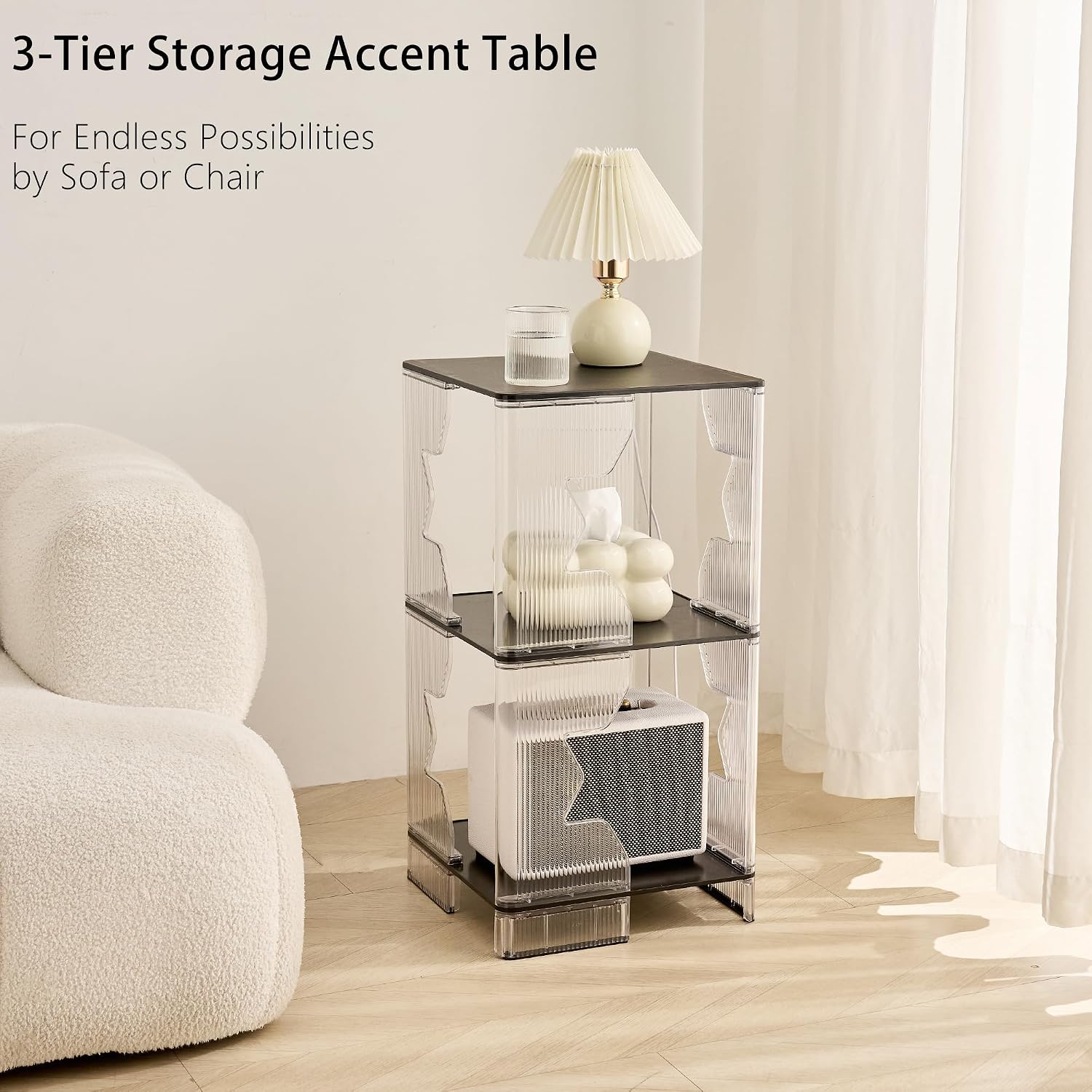 UMAIL End Table Set of 2, 3-Tier Nightstand with Clear Fluted Stripe Design, Narrow Side Table for Living Room, Bedroom, 13" D x 13" W x 26" H, Black