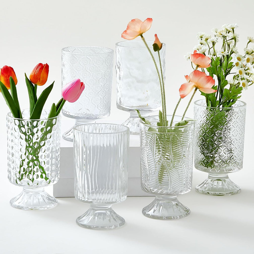 6 Pcs (H: 7" W: 4") Embossed Flower Vase Pedestal Glass Vase Big Base Thickened Crystal Vintage Vases for Wedding Party Home Decor Table Centerpiece House Warming Gifts (Clear,Classic)