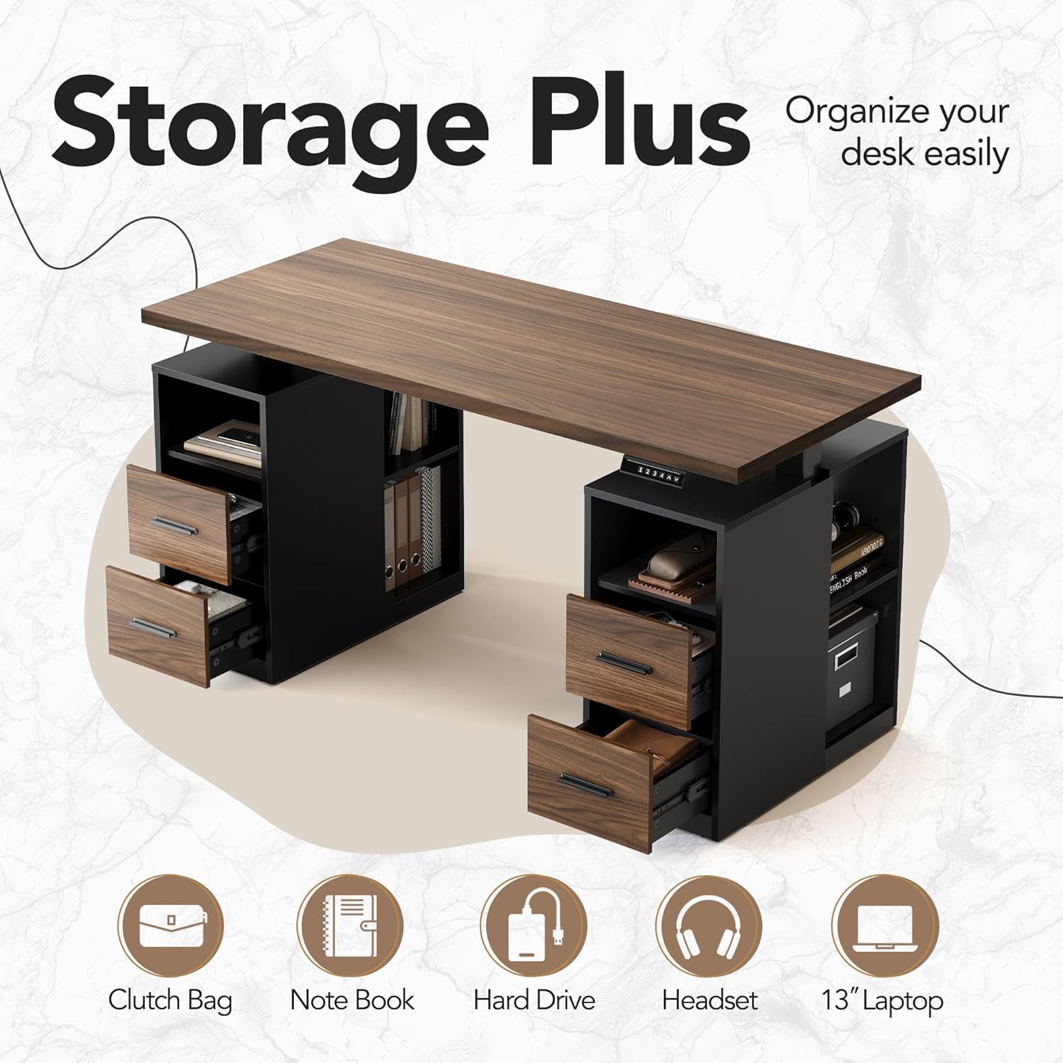 HUANUO 55" Standing Desk with Drawers, Executive Electric Height Adjustable Stand Up Desk with Storage, Black Walnut