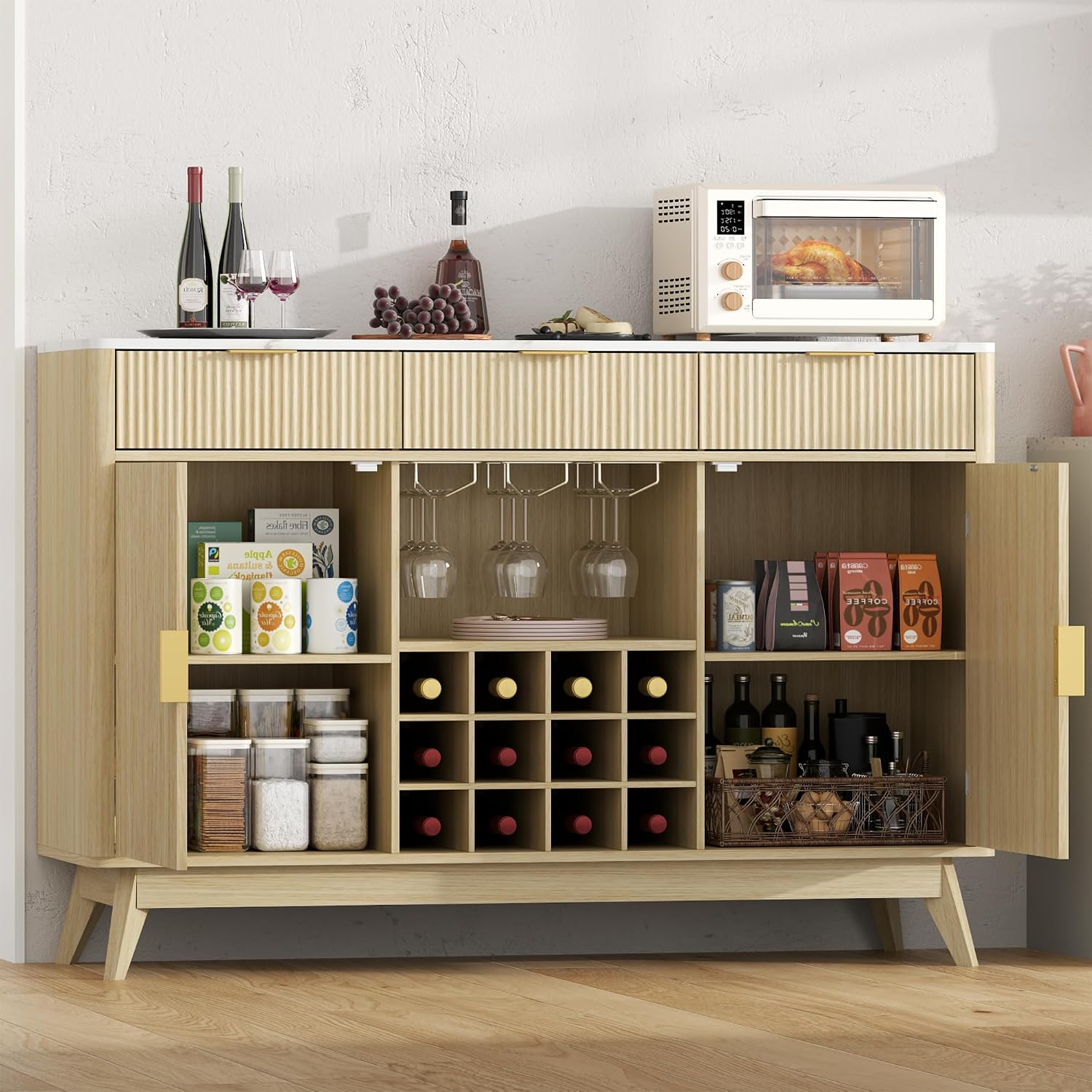 Wine Bar Cabinet with 3 Drawers，Home Liquor Cabinets with Wine and Glasss Rack, Fluted Coffee Bar Cabinet with Adjustable Shelves, Buffet Sideboard for Kitchen,Living Room, Dining Room, Entryway