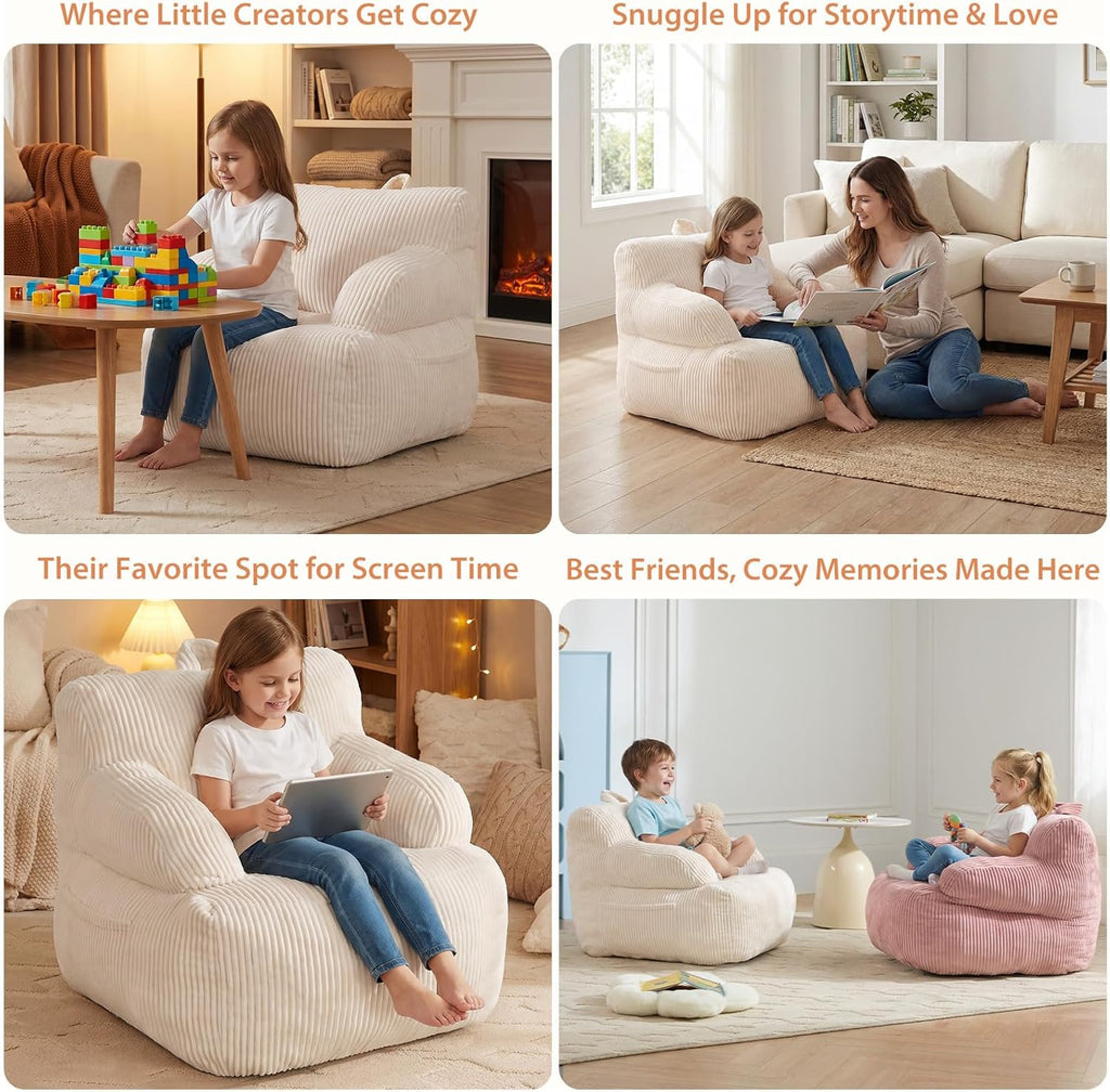 Bean Bag Chairs for Kids with Armrests, Comfy Kids Bean Bag Chair, Soft-Filled Cozy Bean Bag Sofa for Boys and Girls, Small Bean Bags for with Pocket, Floor Chair for Gaming, Reading & Relaxing, Beige
