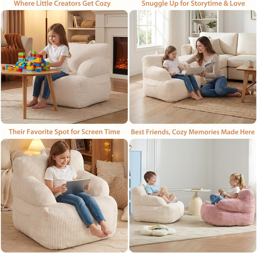 Bean Bag Chairs for Kids with Armrests, Comfy Kids Bean Bag Chair, Soft-Filled Cozy Bean Bag Sofa for Boys and Girls, Small Bean Bags for with Pocket, Floor Chair for Gaming, Reading & Relaxing, Beige