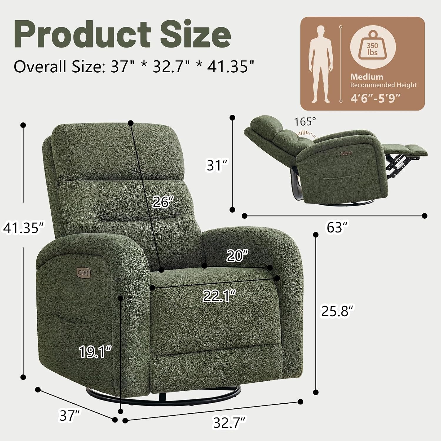 Power Swivel Rocker Recliner Chair for Nursery,Electric Rocking Reclining Chair, Upholstered Glider Nursery Recliner for Living Room, Bedroom, Teddy Green