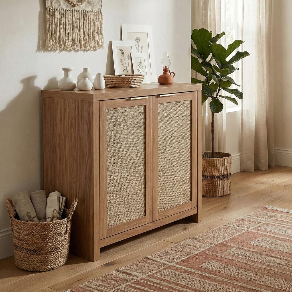 OAKHAM HOME Rattan Sideboard Cabinet with Storage, Buffet Cabinet with 2 Soft-Close Doors, Adjustable Shelves and 110 lbs Top, Storage Cabinet for Living Room, Kitchen, Entryway, Natural Oak