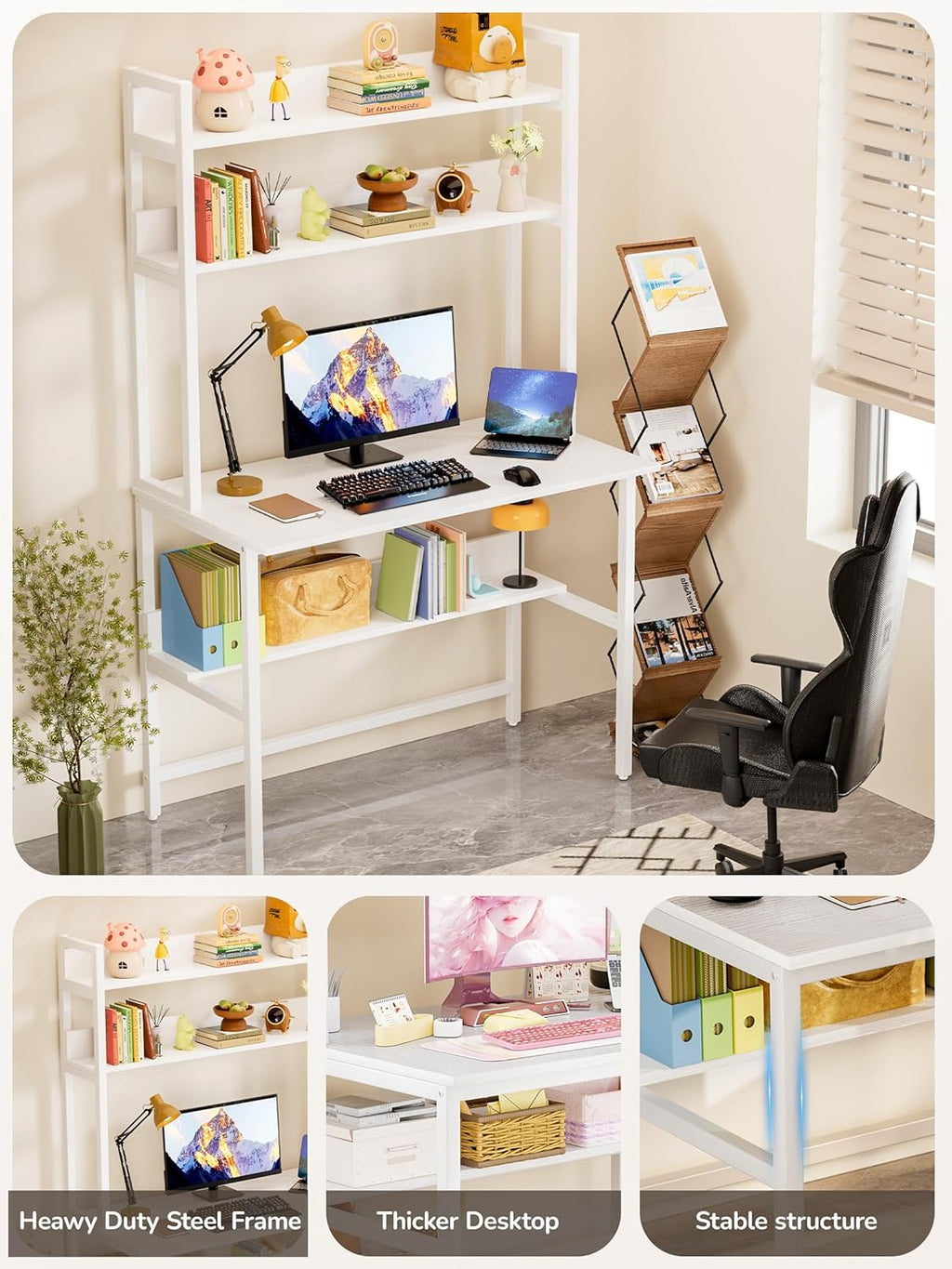 Aquzee Computer Desk with Hutch, 40“W x 19.6" D Desk with Shelves, Tall Home Office Desk with Bookshelf, Metal Legs Study Table with Upper Storage Shelf for Study Writing/Workstation, White