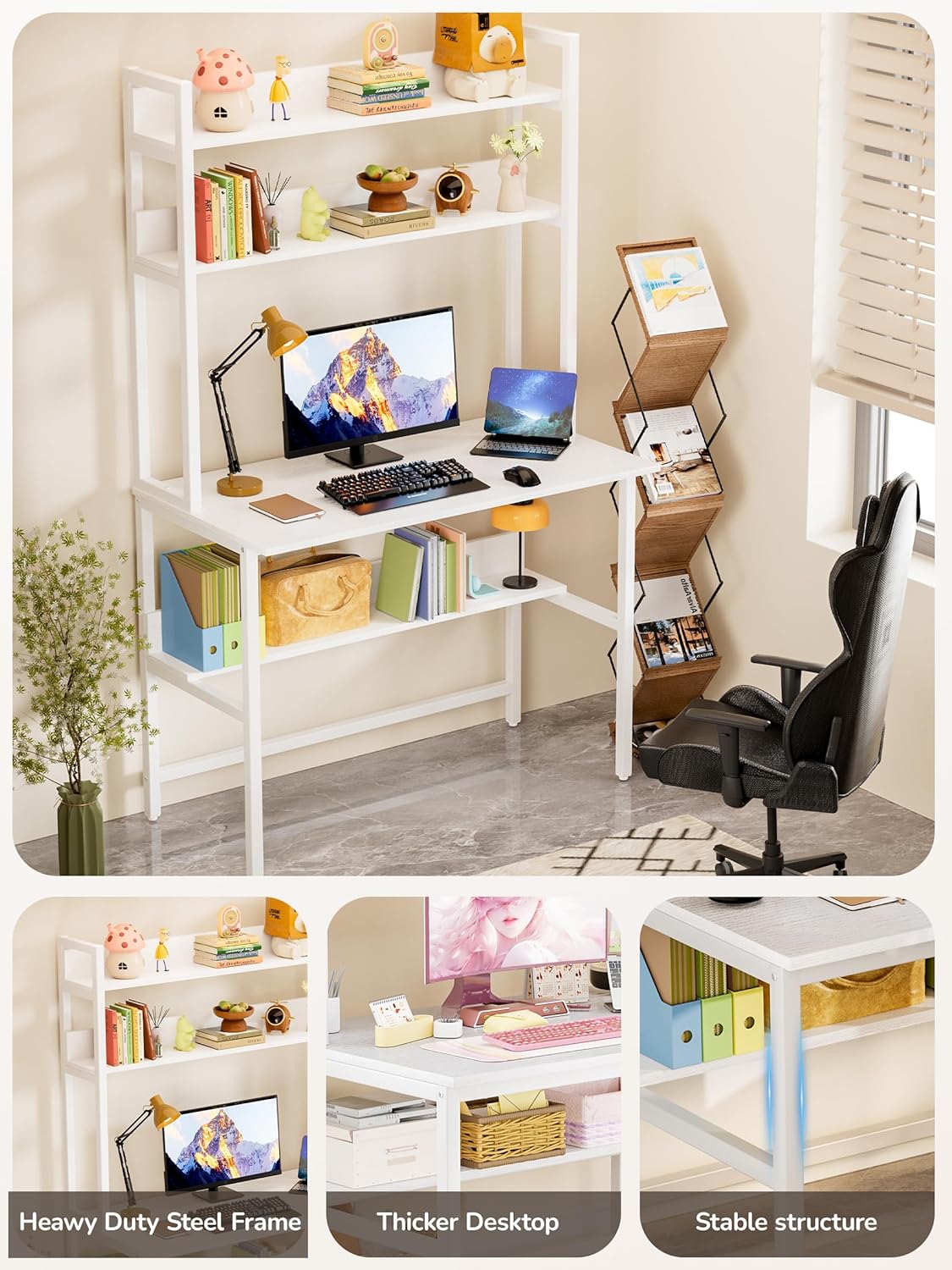 Aquzee Computer Desk with Hutch, 40“W x 19.6" D Desk with Shelves, Tall Home Office Desk with Bookshelf, Metal Legs Study Table with Upper Storage Shelf for Study Writing/Workstation, White