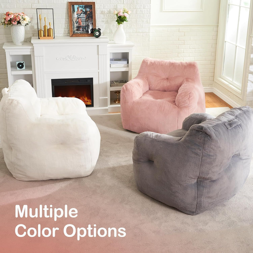 Hobestluk Furry Bean Bag Chair with Arms, Foam Filler for Adult, Pink | Soft Faux Fur Cover, High-Density Resilient Foam, Wide Backrest & Arm-rest, Carrying Handle, Fits Small Spaces, No Assembly