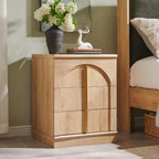 ACCOHOHO Modern Night Stand Set 2 with Arched Panel, 18" Nightstand with Charging Station, Side Table with 3 Storage Drawers, Wood Square Bedside End Table for Bedroom Living Room, Natural Oak