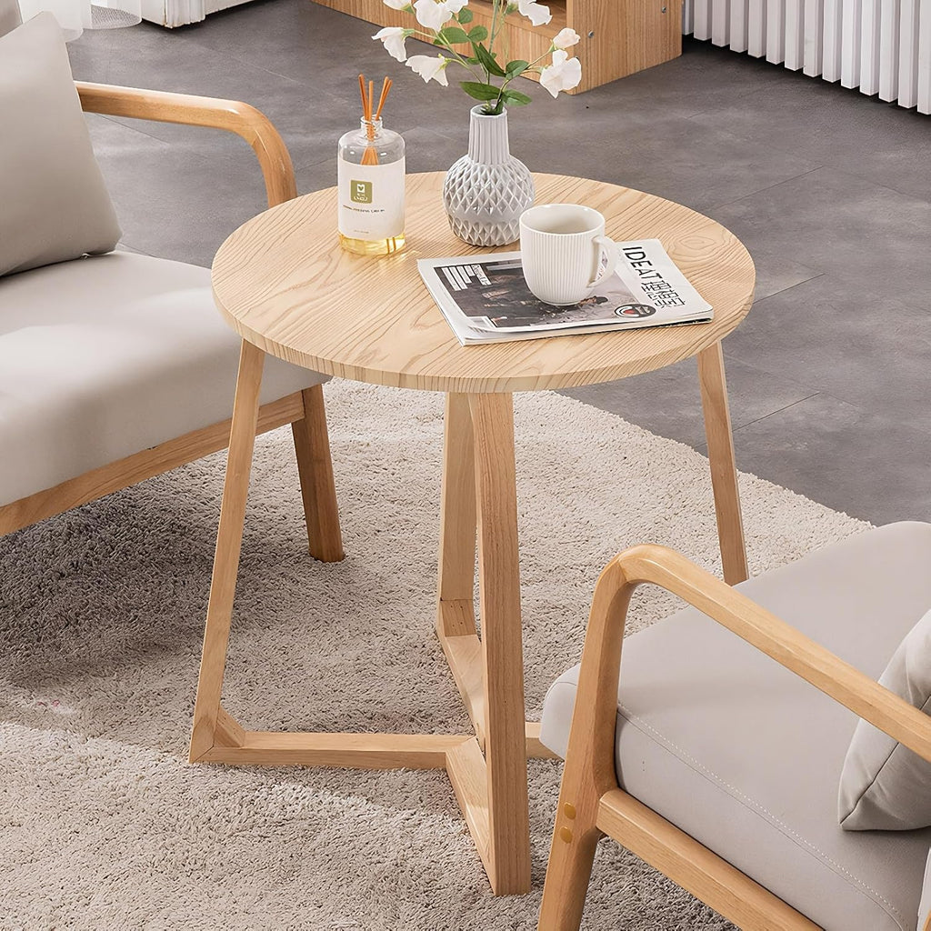 24" Round Side Table - Mid-Century Modern End Table with V-Shaped Legs, Solid Rubber Wood Top, Small Coffee Table for Living Room, Nightstand for Bedroom, Natural Finish
