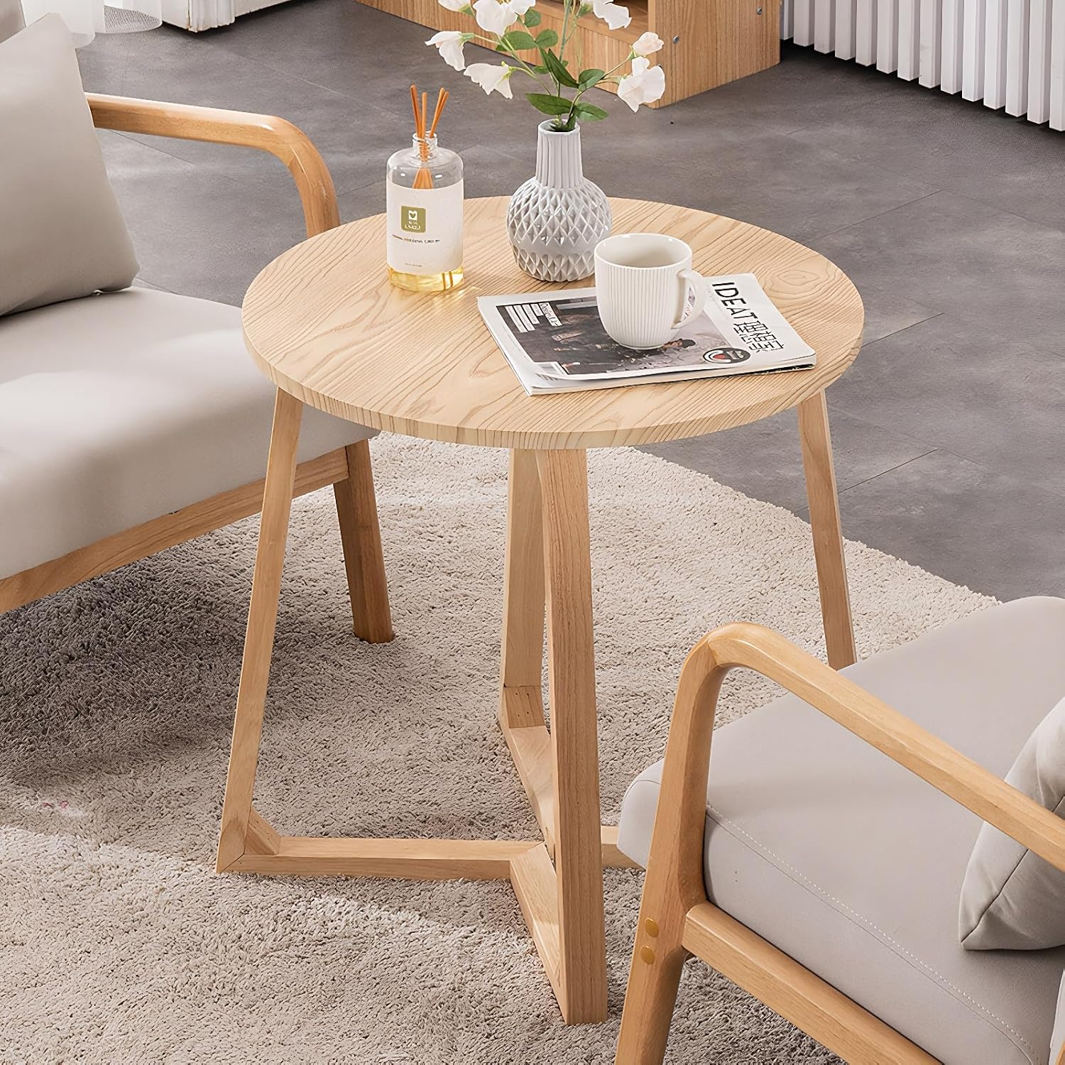 24" Round Side Table - Mid-Century Modern End Table with V-Shaped Legs, Solid Rubber Wood Top, Small Coffee Table for Living Room, Nightstand for Bedroom, Natural Finish